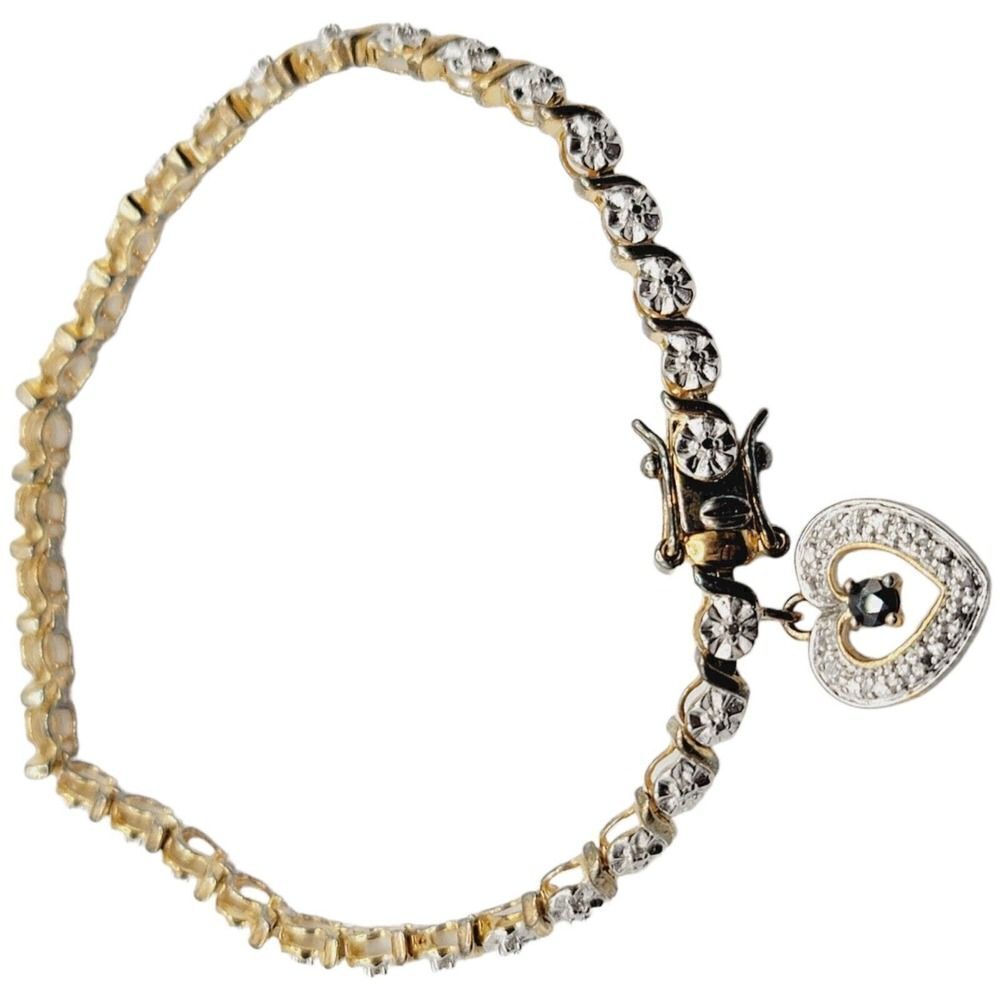 Sterling Silver Gold Vermeil 925 Women’s Tennis Bracelet With Heart Charm 7"